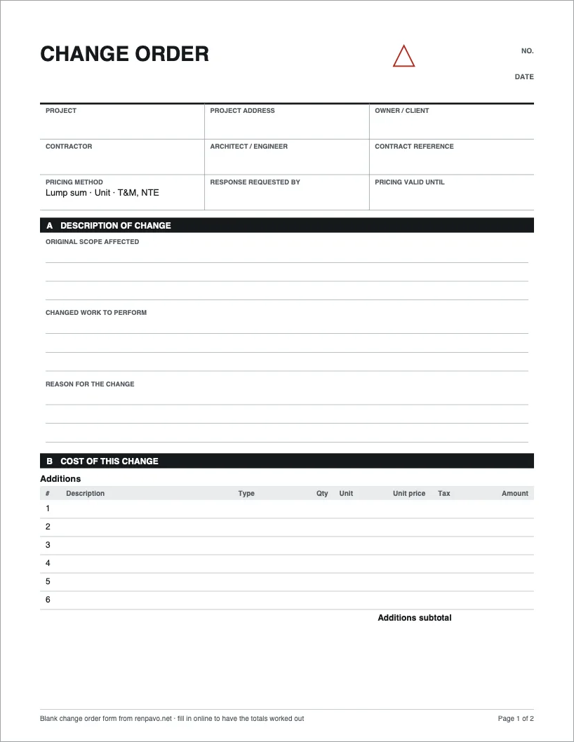 Page 1 of the blank change order form: title block with number and date, a nine-cell grid for project, parties and pricing method, ruled lines for the description of change, and a six-line additions table with a Type column.