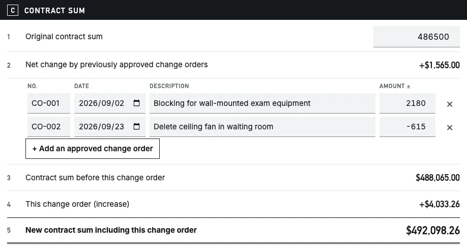 Part C of the Renpavo form for CO-003: original contract sum $486,500.00, two earlier change orders netting +$1,565.00, contract sum before this change $488,065.00, this change +$4,033.26 and new contract sum $492,098.26.