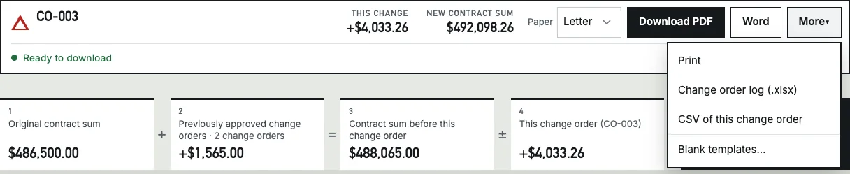 The Renpavo toolbar with the More menu open: Print, Change order log (.xlsx), CSV of this change order, Blank templates.
