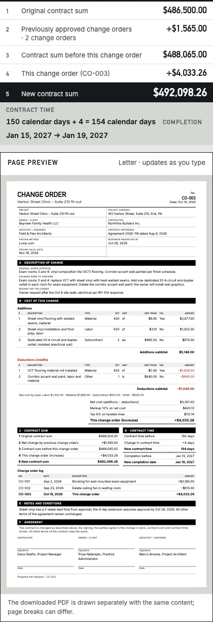 Renpavo side column on a wide screen: the five contract-sum lines from $486,500.00 to $492,098.26, contract time 150 + 4 = 154 days, and a scaled preview of the printable change order.