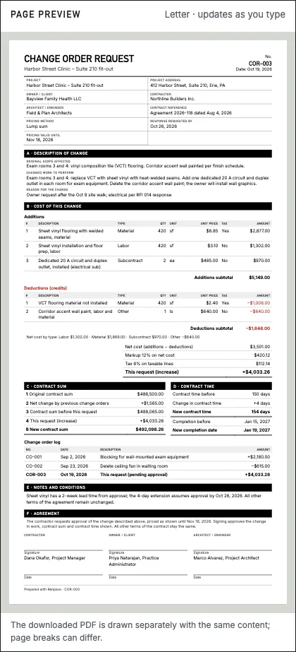 Preview of the change order request COR-003: title Change Order Request, pricing method lump sum, response requested by Oct 26, 2026, pricing valid until Nov 18, 2026, and the agreement paragraph asking for approval.