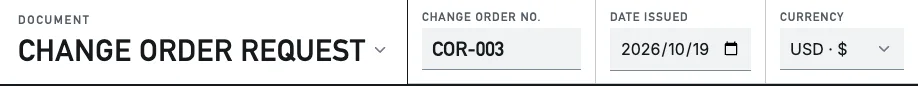 The top of the Renpavo form with the Document selector set to Change order request and the number COR-003.