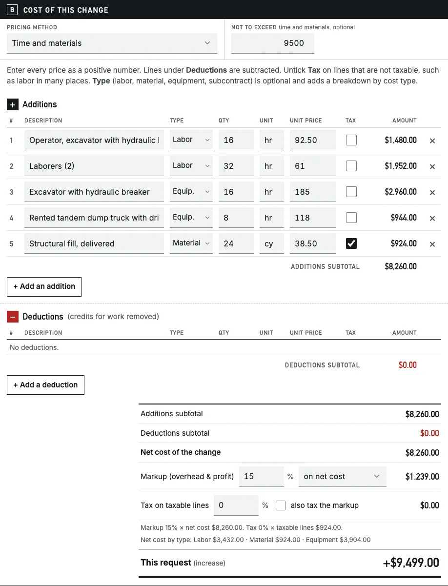 Part B of the form for the rock removal: pricing method Time and materials, not to exceed $9,500, five lines typed Labor, Equipment and Material, net cost $8,260.00 and the breakdown by cost type.
