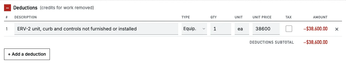 Deductions table: ERV-2 unit, curb and controls not furnished or installed, 1 each at $38,600.00, type Equipment, shown as −$38,600.00.